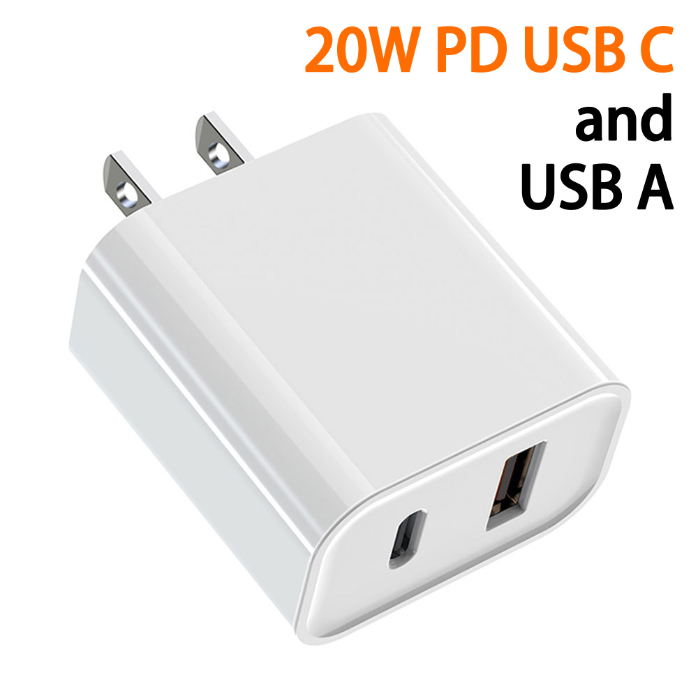 20W PD USB-C and USB-A 3.0A Quick Charge Dual 2 Port House Wall Charger (Wall - White)
